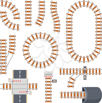 Different train constructions and top view of rail road. Vector constructor. Parts of railway and railroad for train traffic illustration