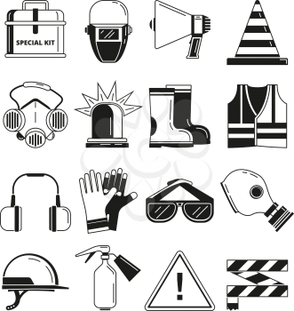 Safety work, security symbols. Vector monochrome illustrations. Safety protection sign and mask respirator, helmet and glasses protect