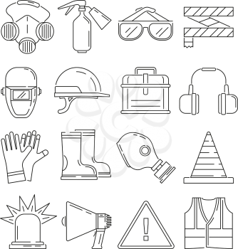 Symbols of safety work. Protection for health occupations. Vector illustrations in linear style. Safety protection equipment and protect professional
