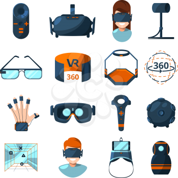 Different symbols of virtual reality. Electronic and computer technology of future. Vector icons set in cartoon style virtual, reality device, electronic gadget equipment for game illustration