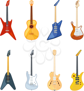 Acoustic and rock guitar. Vector illustrations in flat style. Guitar instrument for rock music or jazz collection