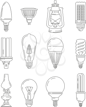 Symbols of light. Different bulbs. Mono line illustrations set. Vector light bulb lamp collection , lightbulb retro and innovation fluorescent