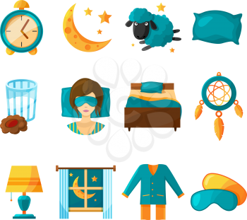 Conceptual icon set of sleeping. Vector symbols of healthy sleep collection icons. Illustration of dream and moon