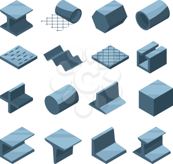 Industrial icons set of metallurgic production. Isometric pictures of steel or iron pipes. Metal pipe and production steel, construction tube and profile. Vector illustration