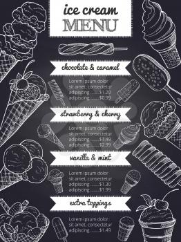 Vector menu of ice cream. Hand drawing illustrations with place for your text. Menu ice cream, cone waffle with fruit