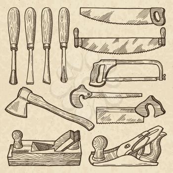 Woodworking and carpentry tools. Industrial equipment isolate. Carpentry tool and equipment for woodwork, vector illustration