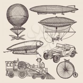 Illustrations of different retro transport. Balloons, zeppelin, machines and others. Hand drawn illustrations in steampunk air transport zeppelin and aircraft, dirigible and ballon vector