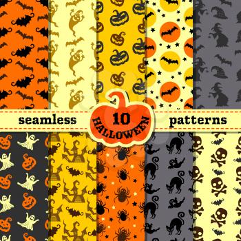 Halloween party decorations. Big seamless patterns set. Backgrounds with pumpkin and black cat, witch and bat
