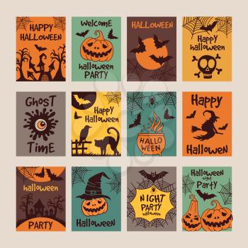Halloween party invitation cards with different scary illustrations. Vector design template with place for your text