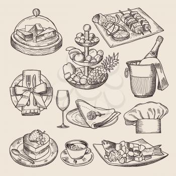 Different pictures for restaurant menu in retro style. Vector hand drawn illustrations. Restaurant vintage drawing food