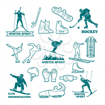 Biathlon, sled, skis and other winter sports monochrome illustrations. Symbols for labels and logos design. Vector of winter sport ski and snowboard
