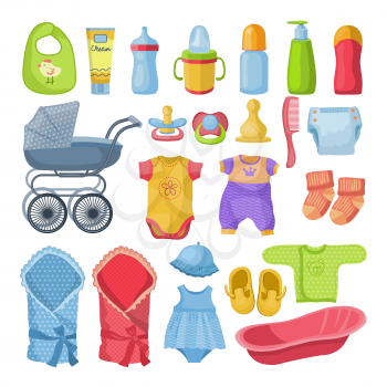 Set of different tools for newborn baby. Vector illustrations in cartoon style. Clothes and accessory for baby