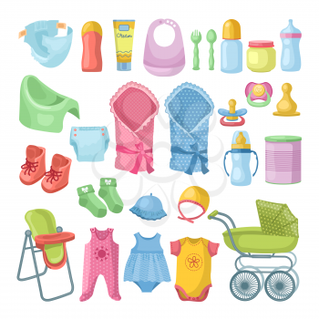 Illustrations set of newborn stuff. Different pictures set in cartoon style. Child and baby wear toy, accessory for newborn baby vector