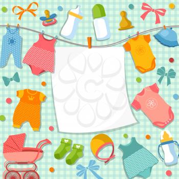 Cute frame for scrapbook new born baby. Funny pictures set for kids. New born clothing and bottle, banner poster vector illustration
