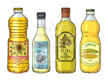 Labels for different oils. Sunflower, olive, corn and coconut. Vector pictures set. Bottle oil sunflower and coconut illustration