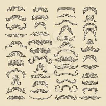 Mustache of men. Hand drawn pictures with funny hairstyle. Set of mustache facial hair hipster. Vector illustration