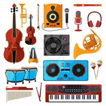 Musical instrument isolate on white. Music equipment for sound studio or shop. Guitars, digital players, bas amplifier and others. Guitar and equipment sound, musical instrument vector illustration