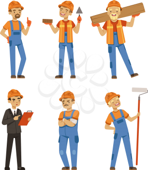 Mascot design of builders in different action poses. Industrial workers in specific uniform. Worker builder and engineer character, repairman occupation industrial. Vector illustration isolate