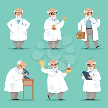 Character of old scientist or chemist. Mascot design of crazy professor. Male teacher. Vector pictures set. Chemist and scientist professor, experiment and science illustration