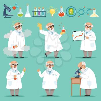 Scientist or chemist at his work. Different accessories in science laboratory. Funny scientist chemist experiment and research illustration