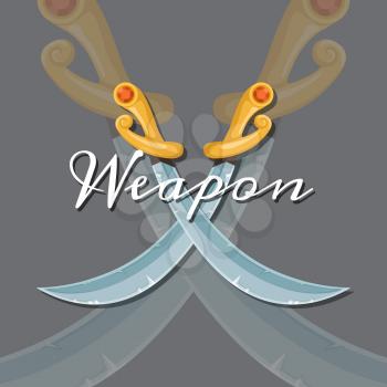 Vector fantasy cartoon style game design medieval crossed saber looking down elements with lettering and shadows illustration