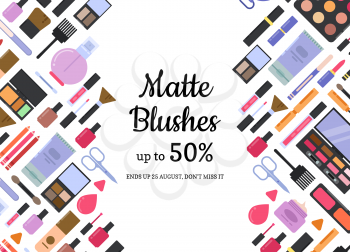 Vector flat style different makeup and skincare sale background. Skincare and makeup advertisement banner illustration