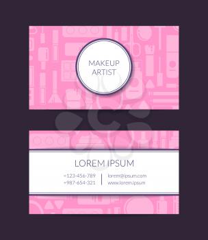 Vector business card template for beauty brand or makeup artist with flat style makeup and skincare with circle, rectangle, stripes and shadows illustration