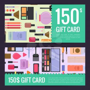 Vector gift card vouchers for beauty products with flat style makeup isolated on dark background illustration