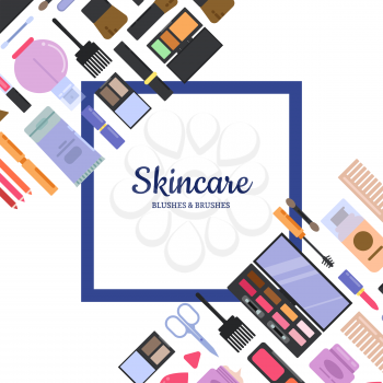 Vector background with frame and place for text with flat style makeup and skincare for beauty industry illustration