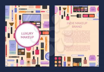 Vector card, flyer, brochure template for beauty brand, presentation with flat style makeup and skincare background illustration