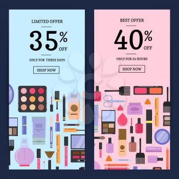 Vector sale banners for beauty shop with makeup and skincare in flat style backgrounds illustration