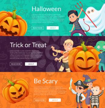 Vector halloween banner set template with cartoon pumpkins and kids in pirate, mummy and skeleton cotumes. Halloween banner holiday, kids costume vampire and pirate illustration