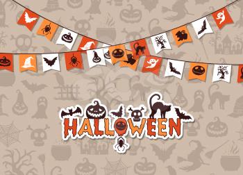 Vector halloween background with garlands and creepy ghosts and witches silhouettes illustration