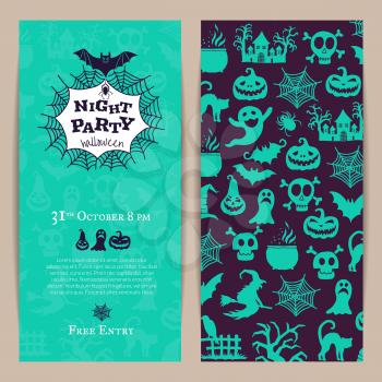 Vector halloween party thin invitation card template with creepy witches, pumpkins, ghosts, spiders silhouettes and garlands illustration