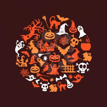 Vector halloween background with witches, pumpkins, ghosts, spiders silhouettes isolated on dark background illustration