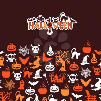 Vector halloween background with witches, pumpkins, ghosts, spiders silhouettes with place for text illustration