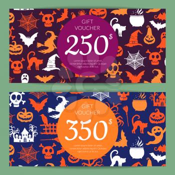 Vector illustration halloween gift card or voucher templates with witches, pumpkins, ghosts, spiders silhouettes with place for text