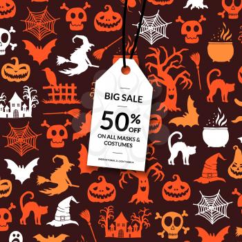 Vector halloween background with white sale tag hanging from the top and place for text. Halloween shopping banner with background illustration