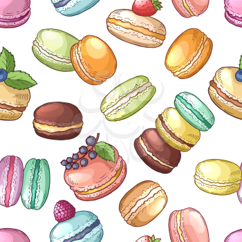 Delicious food of france. Colored macaroons set. Vector seamless pattern. Food macaroon cake, sweet french dessert illustration