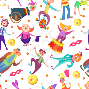 Background for greeting cards. Seamless pattern with funny clowns in cartoon style. Clown background seamless, happy, joker and jester, vector illustration