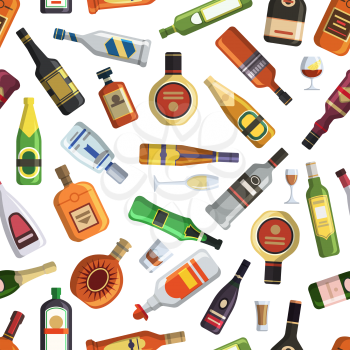 Illustrations for textile production. Seamless pattern with colored alcoholic bottles and glasses. Alcohol drink bottle seamless pattern