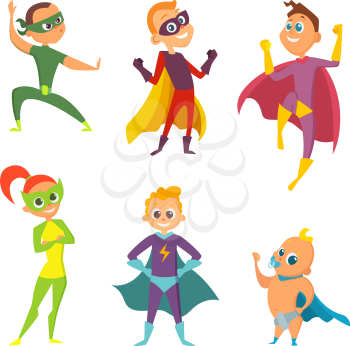 Costume of superheroes kids. Cartoon illustrations of children in action poses. Superhero costume boy and girl vector