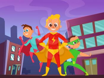 Urban background with superhero kids in action poses. Illustrations of strong and funny heroes. Superhero in costume, skyscraper cityscape vector