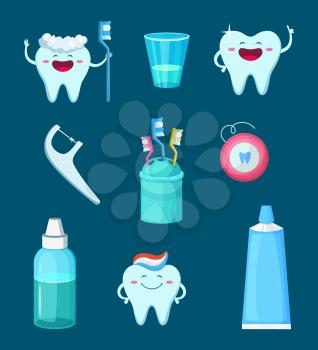 Funny characters illustration. Cartoon teeth with different emotions. Dental mascot toothpaste and toothbrush vector
