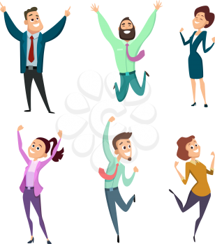 Different businessmen in action pose. Vector pictures of funny characters. Businessman character pose, young adult woman cheerful illustration