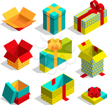 Different christmas box for gifts. Isometric pictures set gift box to birthday and christmas holiday, vector illustration