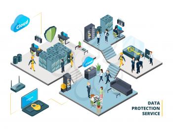 Telecommunications tools. Big datacenter with specific systems and cloud servers. Isometric illustrations of network company interior datacenter with people