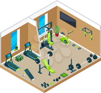 3D isometric illustrations of gym with different sport equipment for powerlifting and bodybuilding. Interior of gym, sport fitness room with equipment vector