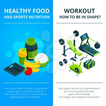 Banners set with illustrations of gym equipment and healthy food. Design template with place for your text. Fitness gym and healthy food, equipment for training vector