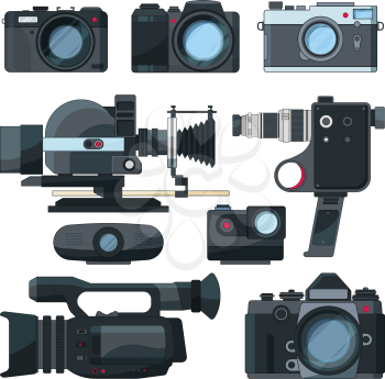 Digital video cameras and different professional equipment. Camera for photography and video. Vector illustration